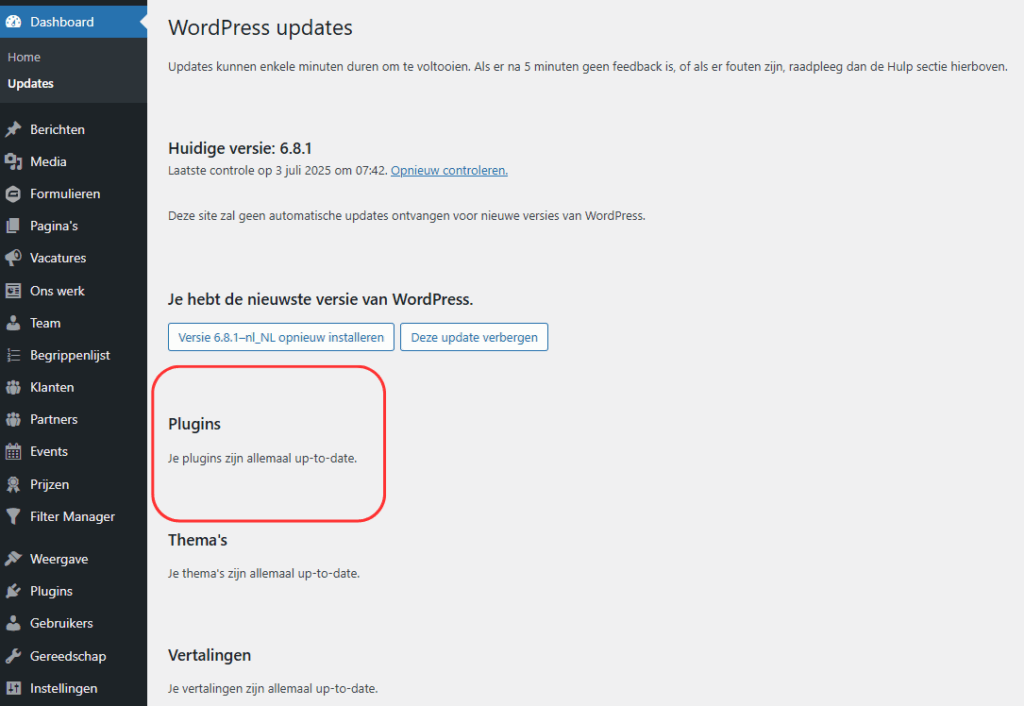 WordPress updatescherm met melding dat alle plugins up-to-date zijn, rood omlijnd voor extra aandacht.