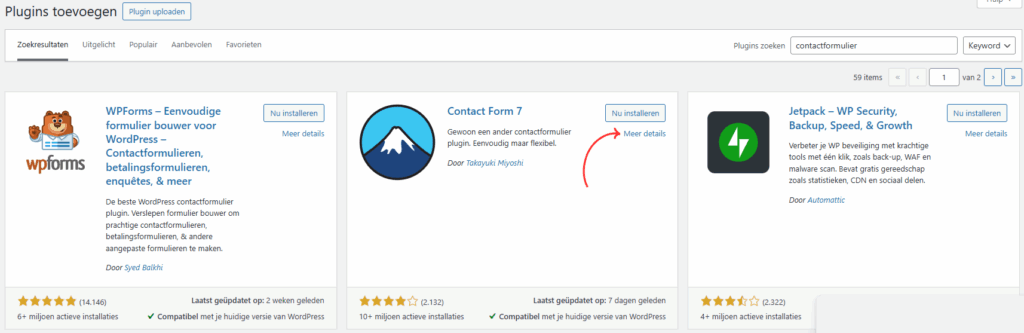 Scherm ‘Plugins toevoegen’ met de plugin ‘Contact Form 7’ en een rode pijl die wijst naar de link ‘Meer details’ naast de knop ‘Nu installeren’.
