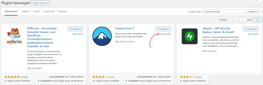 Scherm ‘Plugins toevoegen’ met de plugin ‘Contact Form 7’ en een rode pijl die wijst naar de link ‘Meer details’ naast de knop ‘Nu installeren’.
