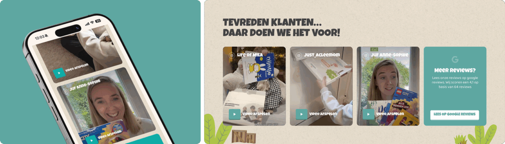 Mobiele interface met de tekst “Tevreden klanten… daar doen we het voor!” en een Google reviewscore van 4,1.