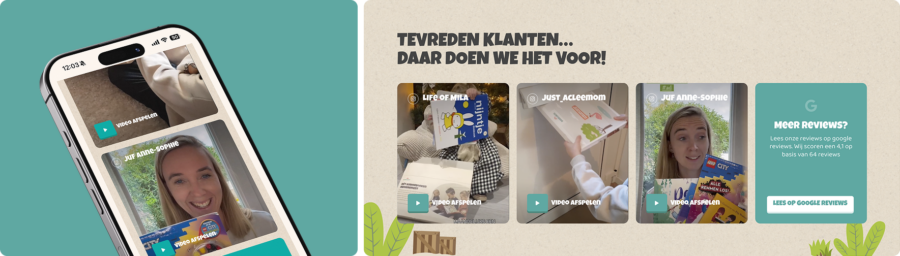 Mobiele interface met de tekst “Tevreden klanten… daar doen we het voor!” en een Google reviewscore van 4,1.