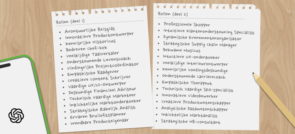 Notitiebladen met rollen voor AI prompts, zoals reisgids, chef-kok, schrijver, analist, therapeut en datawetenschapper.