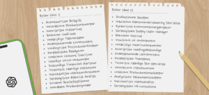 Notitiebladen met rollen voor AI prompts, zoals reisgids, chef-kok, schrijver, analist, therapeut en datawetenschapper.