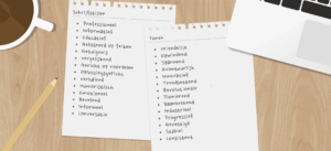 Notitiebladen met lijsten van schrijfstijlen en tonen voor AI prompts.