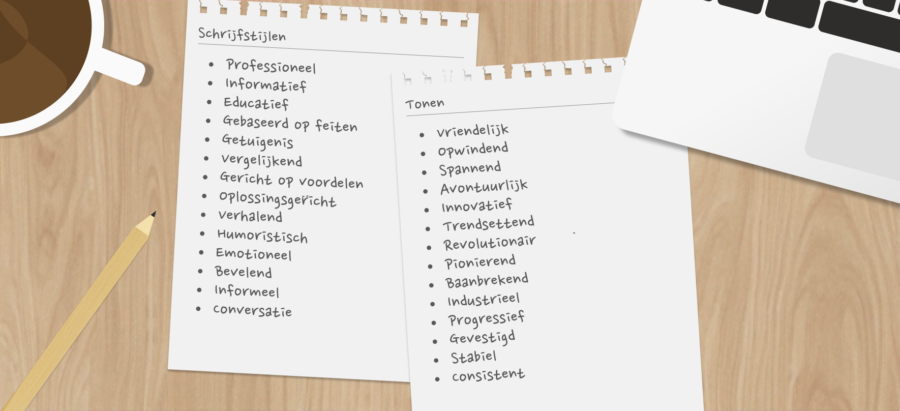 Notitiebladen met lijsten van schrijfstijlen en tonen voor AI prompts.