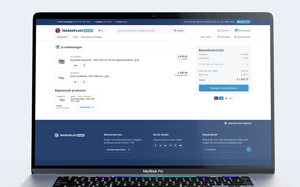 Transoplastshop winkelwagen pagina laptop weergave