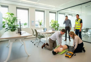 Een groep collega's in een modern kantoor voert een EHBO-oefening uit op een reanimatiepop met behulp van een AED.