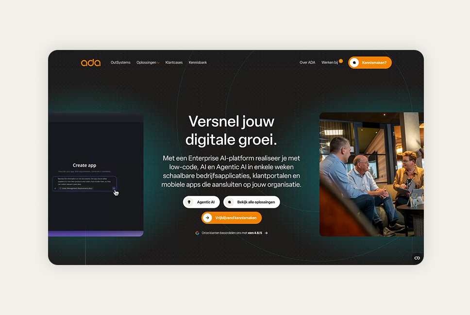 Homepage van de ADA ICT-website, met de tekst "Versnel jouw digitale groei." Het toont een donker, modern ontwerp met de nadruk op een Enterprise AI-platform, low-code ontwikkeling en Agentic AI voor het bouwen van schaalbare bedrijfsapplicaties en klantportalen.
