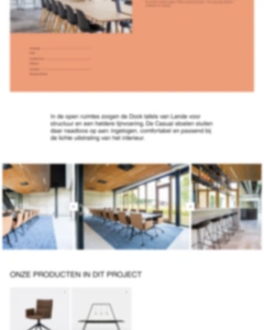 Een gedeeltelijk vervaagde, verticale weergave van een projectpagina op een website. Er is een tekstgedeelte te zien en een uitgelichte fotogalerij met drie afbeeldingen van een licht en modern kantoorinterieur met vergadertafels. Onderaan is een sectie zichtbaar met de titel "ONZE PRODUCTEN IN DIT PROJECT", waarin productfoto's van onder andere een stoel en een tafel staan.