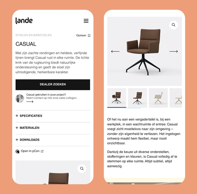 Gebruiksvriendelijke mobiele interface van de Lande website, met focus op de detailpagina van de Casual vergaderstoel. Het ontwerp toont een overzichtelijke hiërarchie met duidelijke call-to-actions, een productgalerij en overzichtelijke specificaties.