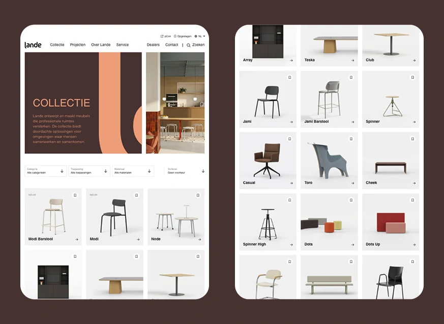 Twee schermen van de Lande website op een bruine achtergrond. Links de start van de collectiepagina met een sfeerbeeld, de titel "Collectie" en zoekfilters. Rechts een overzichtelijk raster met diverse meubelstukken zoals de Jami stoel, Spinner kruk en Casual fauteuil.