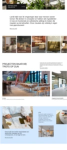 Een vervaagde, verticale weergave van de verdere inhoud van de Lande homepage. Zichtbaar zijn verschillende secties, waaronder een galerij van interieuropstellingen, een blok getiteld "PROJECTEN WAAR WE TROTS OP ZIJN" met foto's van ingerichte ruimtes, en een lichtblauwe sectie over de ontwerpstudio met een foto van iemand die met interieurmaterialen werkt.
