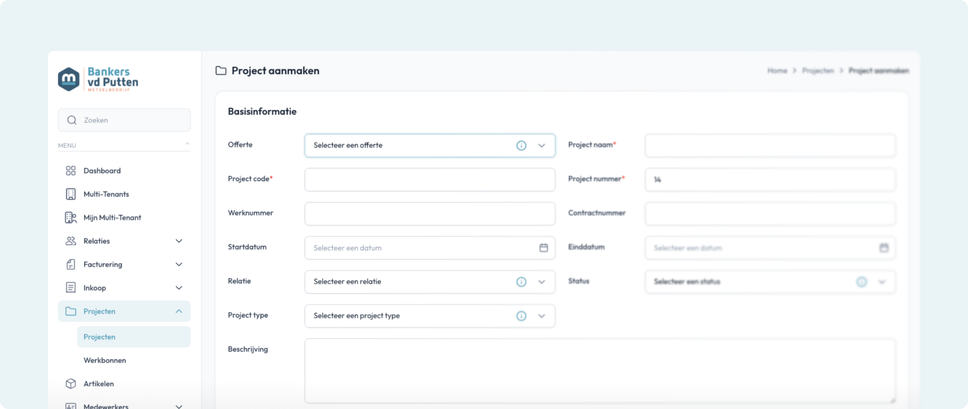 Screenshot van het online beheersysteem van Bankers vd Putten, waarop het scherm "Project aanmaken" te zien is. Aan de linkerkant staat het navigatiemenu en rechts is een formulier geopend om de basisinformatie voor een nieuw project in te vullen.