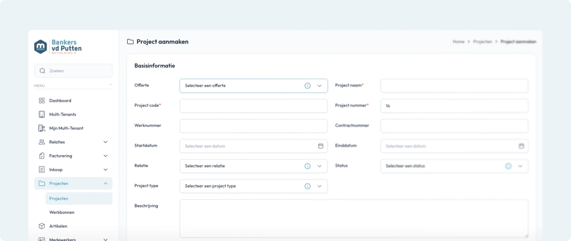 Screenshot van het online beheersysteem van Bankers vd Putten, waarop het scherm "Project aanmaken" te zien is. Aan de linkerkant staat het navigatiemenu en rechts is een formulier geopend om de basisinformatie voor een nieuw project in te vullen.