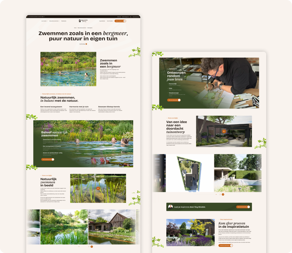 Een overzicht van twee lange, uitgerolde desktop webpagina's van Bindels Buiten Beleving. De linkerpagina richt zich op natuurlijk zwemmen met de titel "Zwemmen zoals in een bergmeer", inclusief diverse sfeerfoto's van natuurzwembaden en secties over ecologische balans. De rechterpagina toont het ontwerpproces met een grote foto van een ontwerper die schetst, gevolgd door voorbeelden van 3D-tuinontwerpen en een uitnodiging om de inspiratietuin te bezoeken.